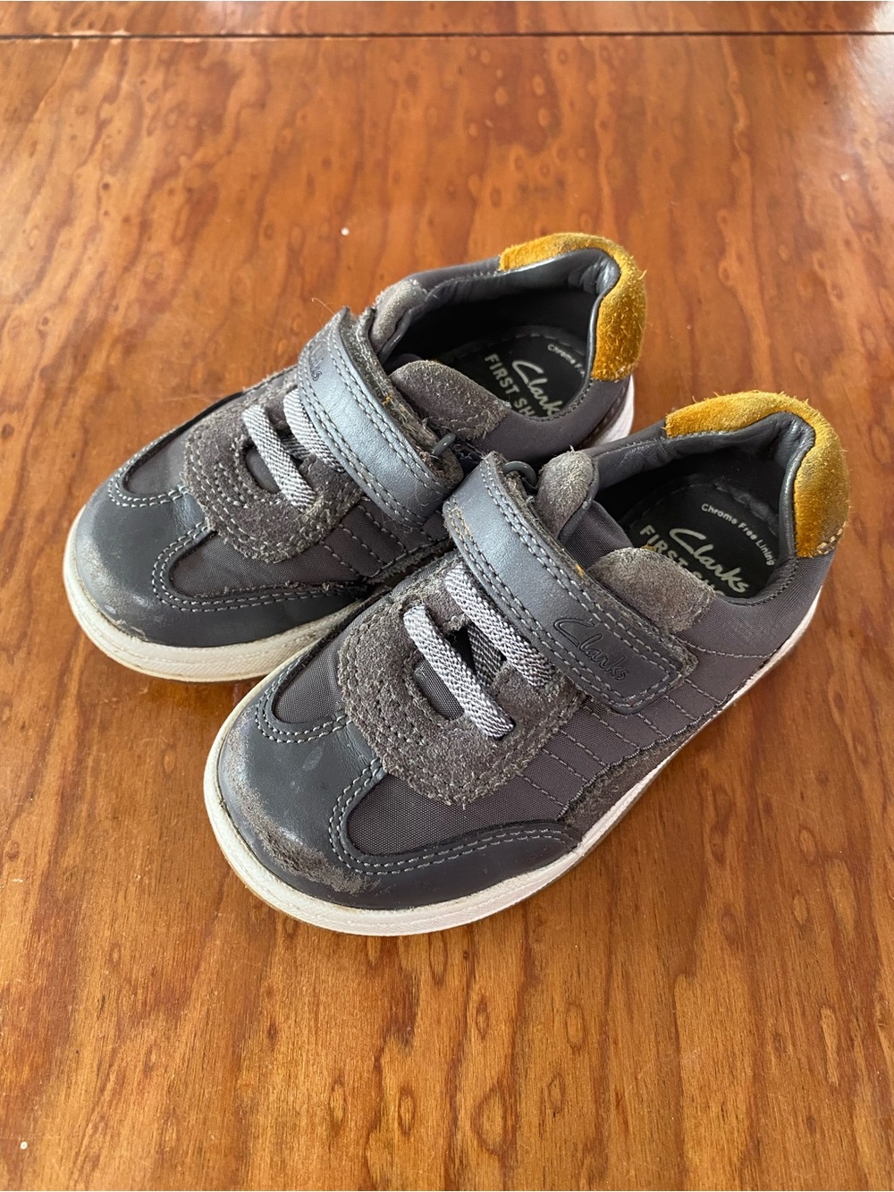 Clarks Kids Grey and Mustard ALL LEATHER First Walkers